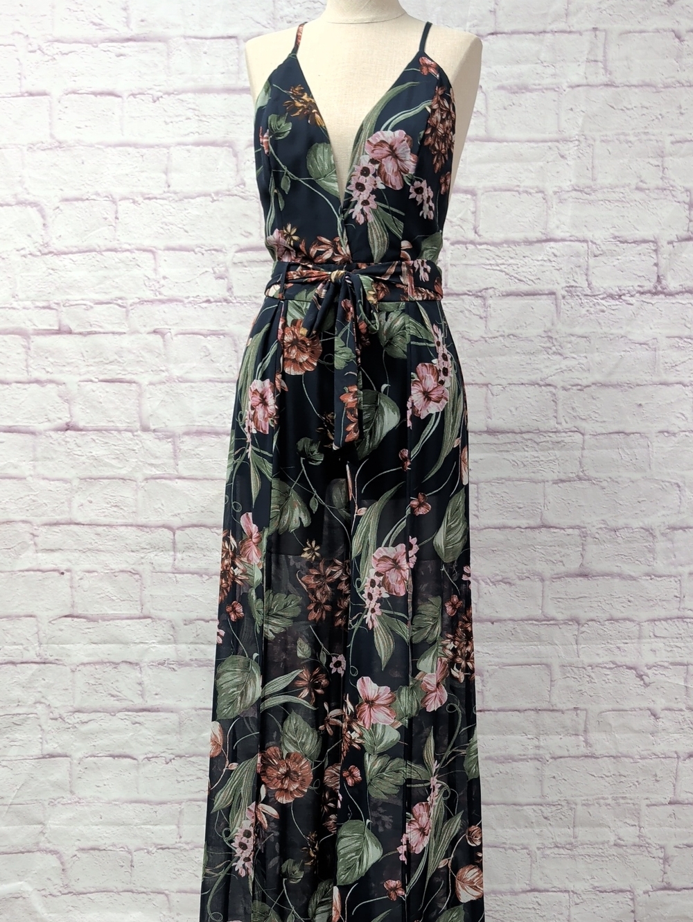 Papaya Navy Blue & Floral Split-Front V-neck Pantsuit - Size Small